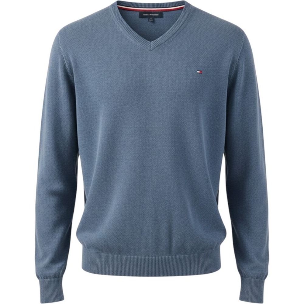 Tommy Hilfiger V-Neck Sweater Large Light Blue Fall Winter Sweater Flag Logo